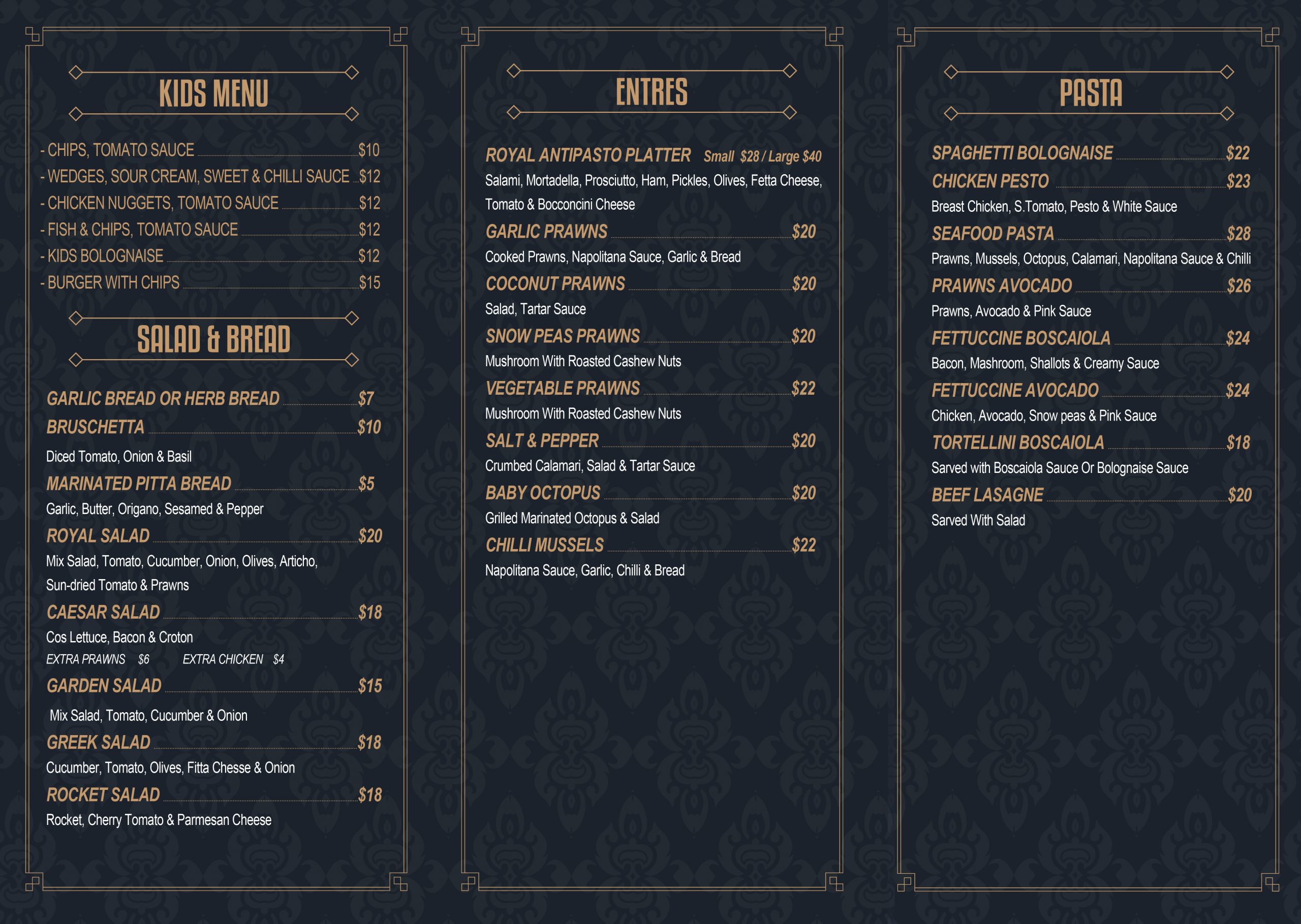 royal park hotel restaurant menu